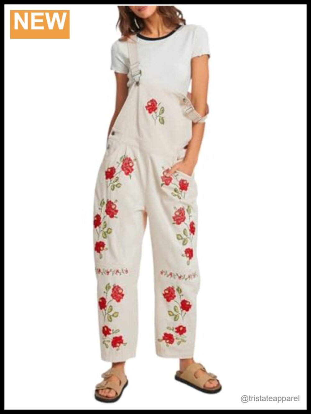 Kedera Floral Embroidered Denim Overalls Loose Fit Wide Leg Bib Jumpsuit